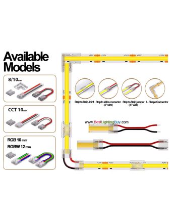 Solderless Clamp-On COB LED Strip Connectors, 2/3/4/5pin 8/10/12mm Available