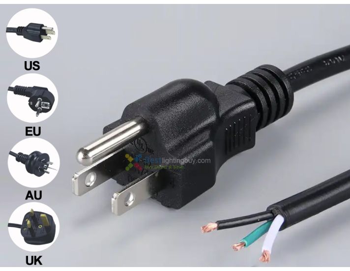 3-Prong AC Power Cord Pigtail with Open Wiring, 1.8m, 16/18 AWG, US/EU/AU/UK Type Available