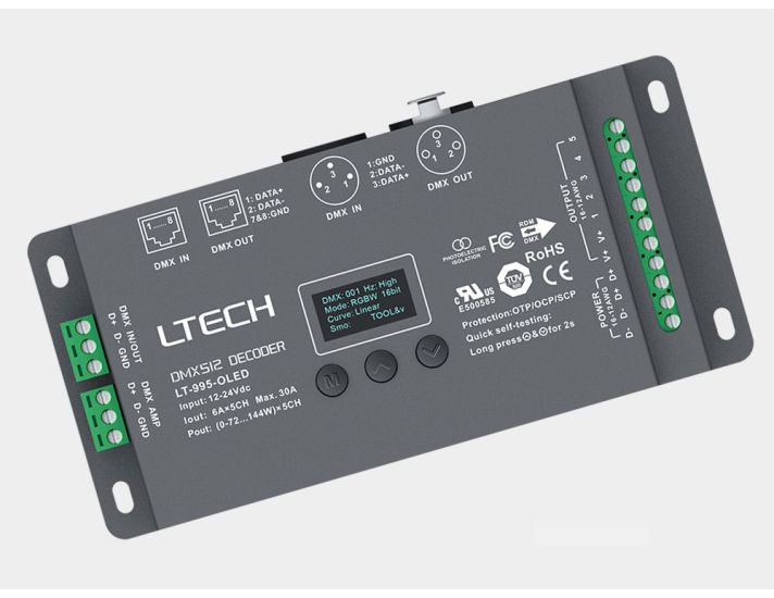 5 Channel DMX RDM to PWM Decoder, 5A/CH, XLR-3, RJ45, 12-24V DC