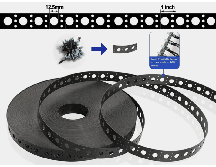 Black Plastic Mounting Strip for 12mm RGB Pixel Node, 1 inch Hole Spacing, 50m Roll