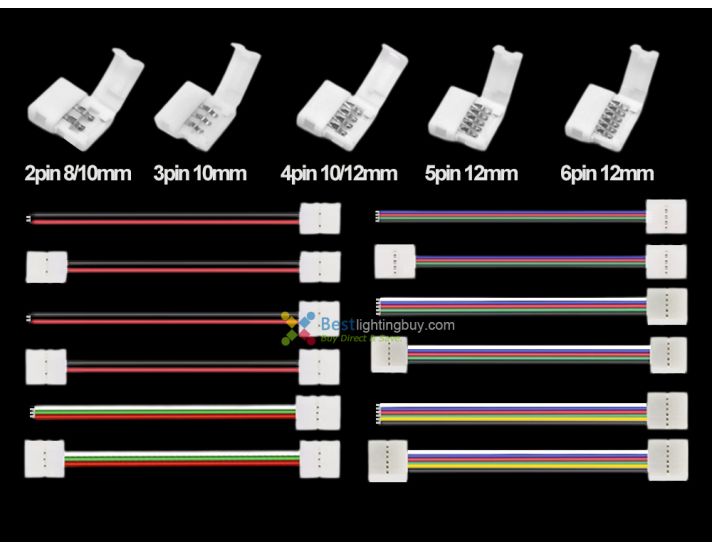Snap Solderless LED Light Strip Connectors, 2/3/4/5/6pin 8/10/12mm Available