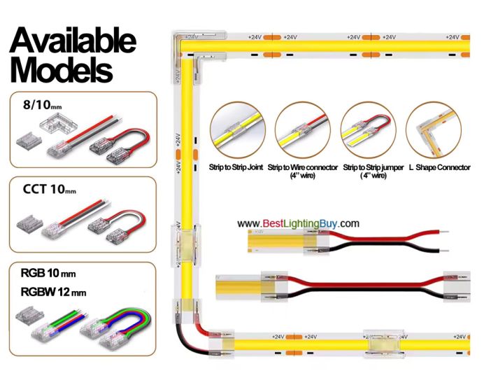 Solderless Clamp-On COB LED Strip Connectors, 2/3/4/5pin 8/10/12mm Available