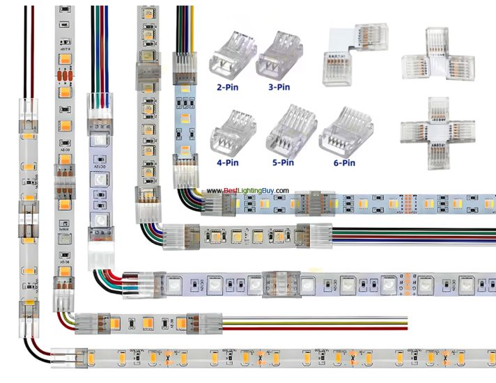Solderless Clamp-On SMD LED Strip Connectors, 2/3/4/5/6pin 8/10/12mm Available