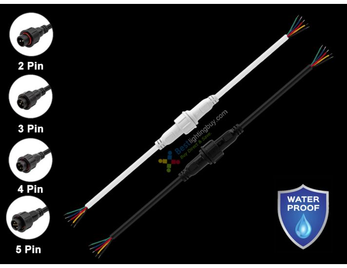 Waterproof Male & Female Connector Cable Set, 2/3/4/5-Wires, Black/White Available, Pack of 5