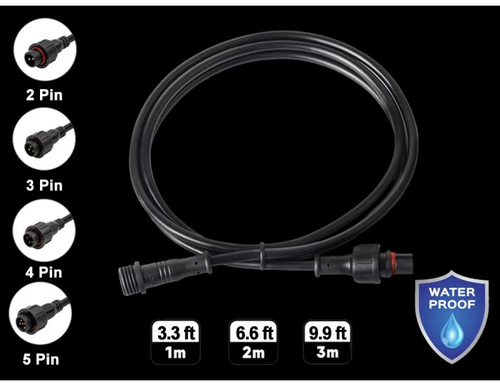 Waterproof Male & Female Connector Extension Cable, 2/3/4/5-Wires, Black, 1m/2m/3m Available