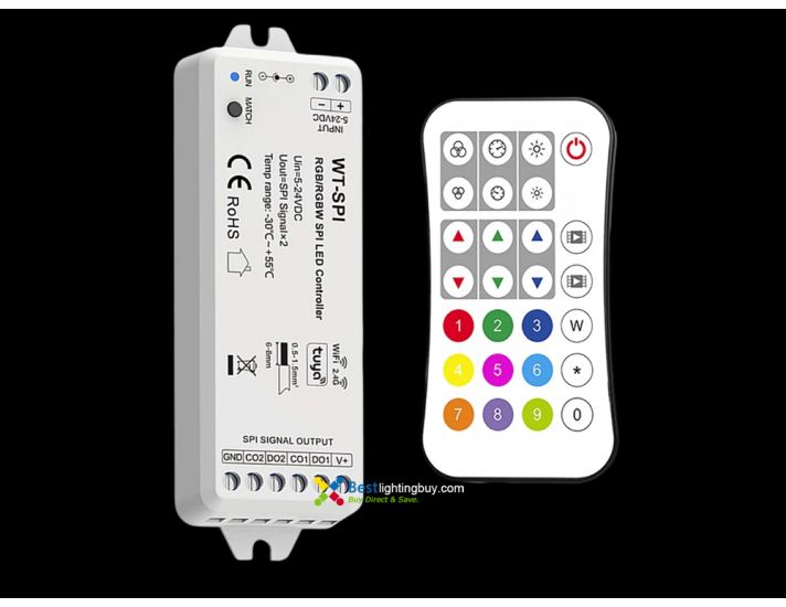 WT-SPI WiFi & RF Digital Pixel RGB/RGBW SPI LED Controller with Remote, 5-24V DC